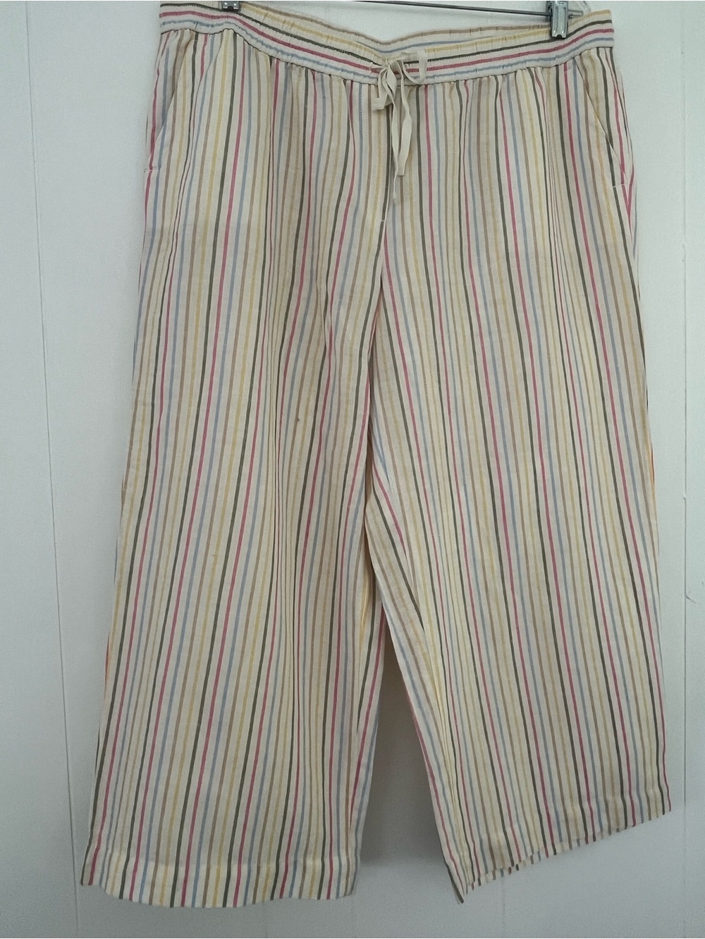 Talbots Linen Wide Leg Cropped Pants Pull On Sunshine Stripe Comfort Size 1X
